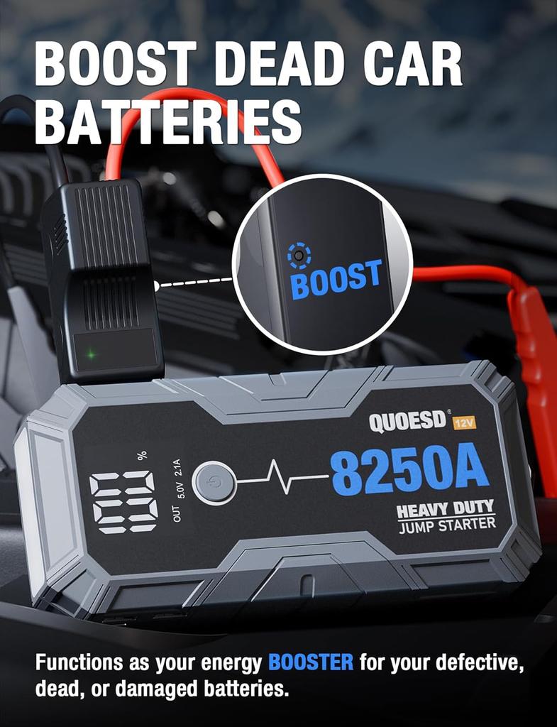 8250A Jump Starter 12V Portable Car Booster with 60W Power Bank, 48-Month Standby, for Gas & 10L+ Diesel