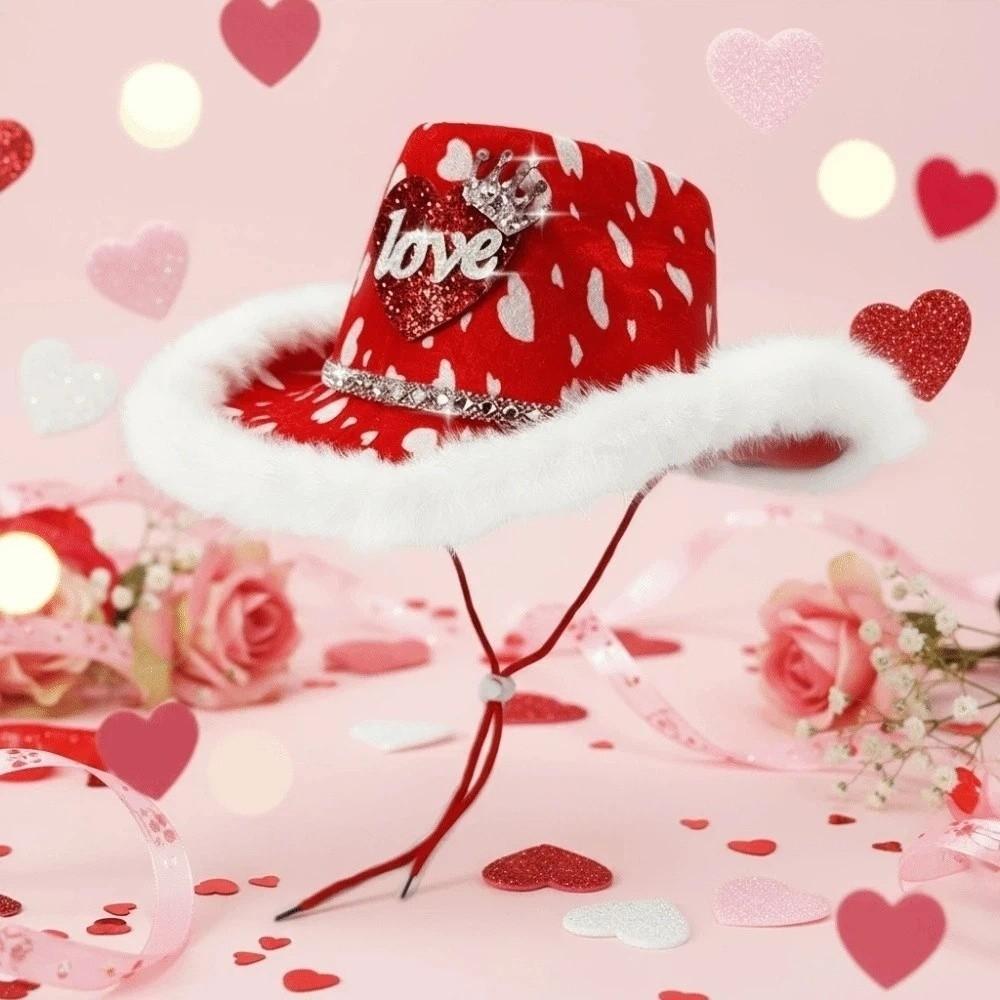 Wide Brim Red Heart Cowboy Cap Warmer Valentine's Day Party Hat Cool Cowgirls Top Hat  Fashion Show