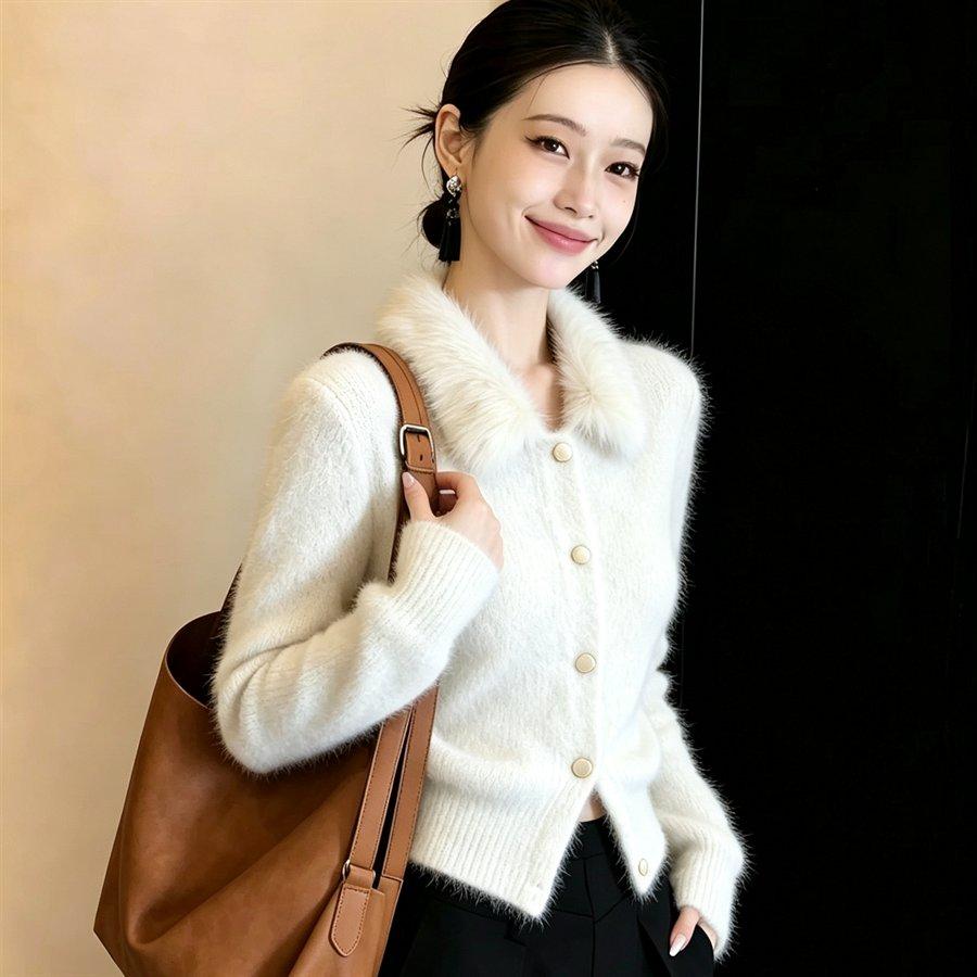 2026 Winter Faux Fur Collar Sweater Knit Cardigan Women's French Style Short Jackets Elegant Fashion Slim Fit Sweaters Ladies Winter Warm Coat Top
