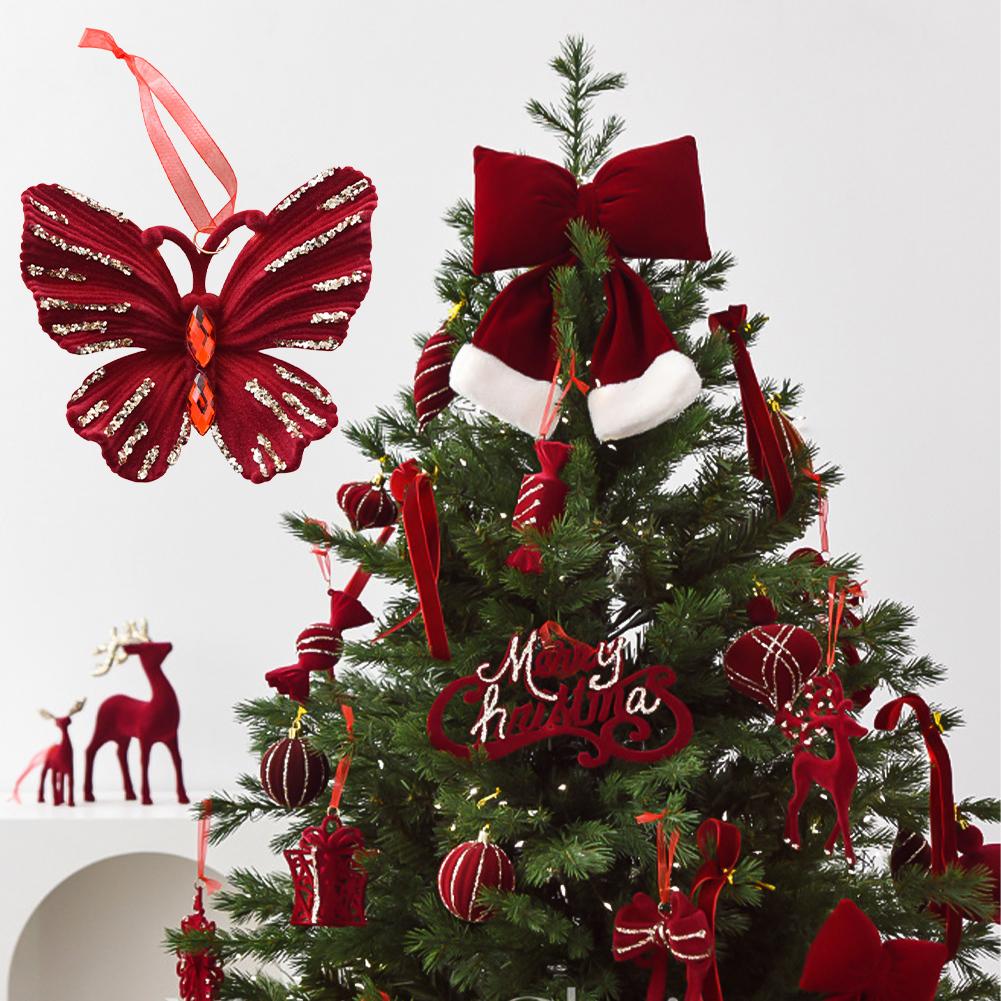 Flannel Surface Red Bow Christmas Tree Decoration 3D Plastic Ornament Fake Snow Winter Decorations for New Year