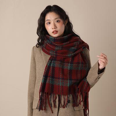 Wool Scarf New Plaid Scarf Women's Winter Thickened Warm Retro Versatile High-end Shawl Scarf Student