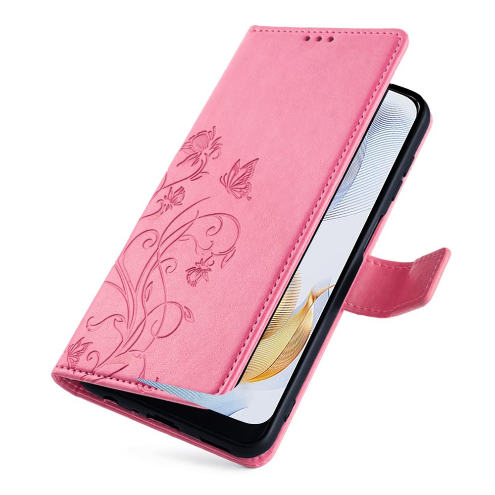 For Honor 90 Case Butterfly Flower PU Leather Stand Phone Cover with Wrist Strap Card Slots