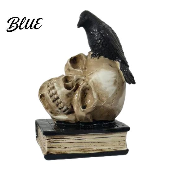 Spooky Bookshelf Display Figurines Halloween Skull Head Statue Gothic Crow And Book Sculpture Haunted House Tabletop Decorations Resin Statue