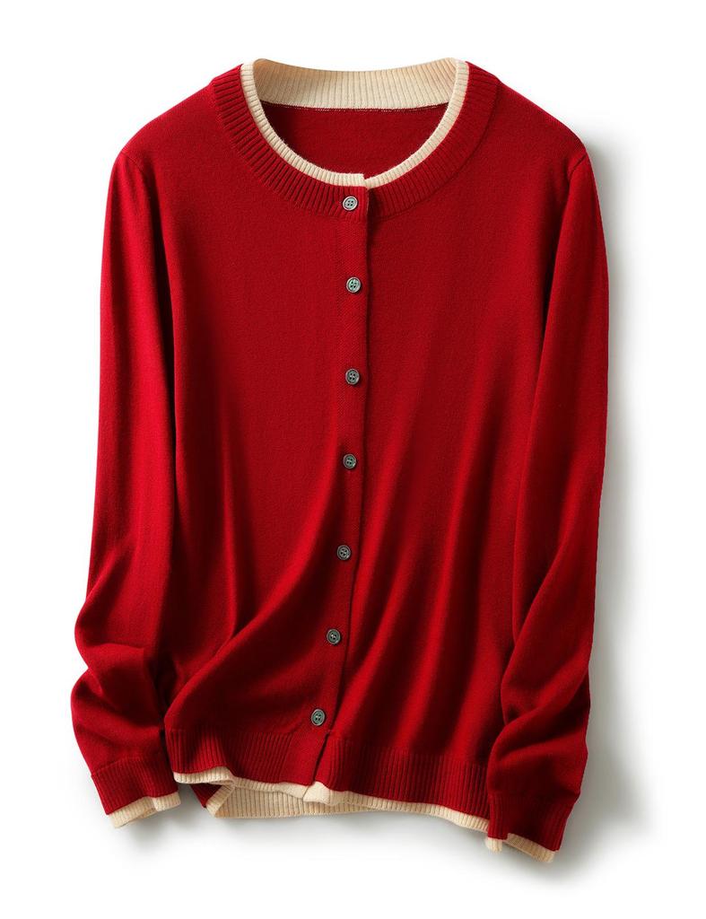 2025 A/W Women's Color Block Knit Cardigan - Fake Two-Piece, Round Neck, Long Sleeve, Loose Fit Sweater Coat
