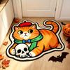 Halloween Cat Shaped Rug, Faux Wool Skull & Pumpkin Design, Non-Slip Soft Mat for Entryway