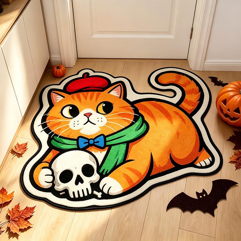 Halloween Cat Shaped Rug, Faux Wool Skull & Pumpkin Design, Non-Slip Soft Mat for Entryway