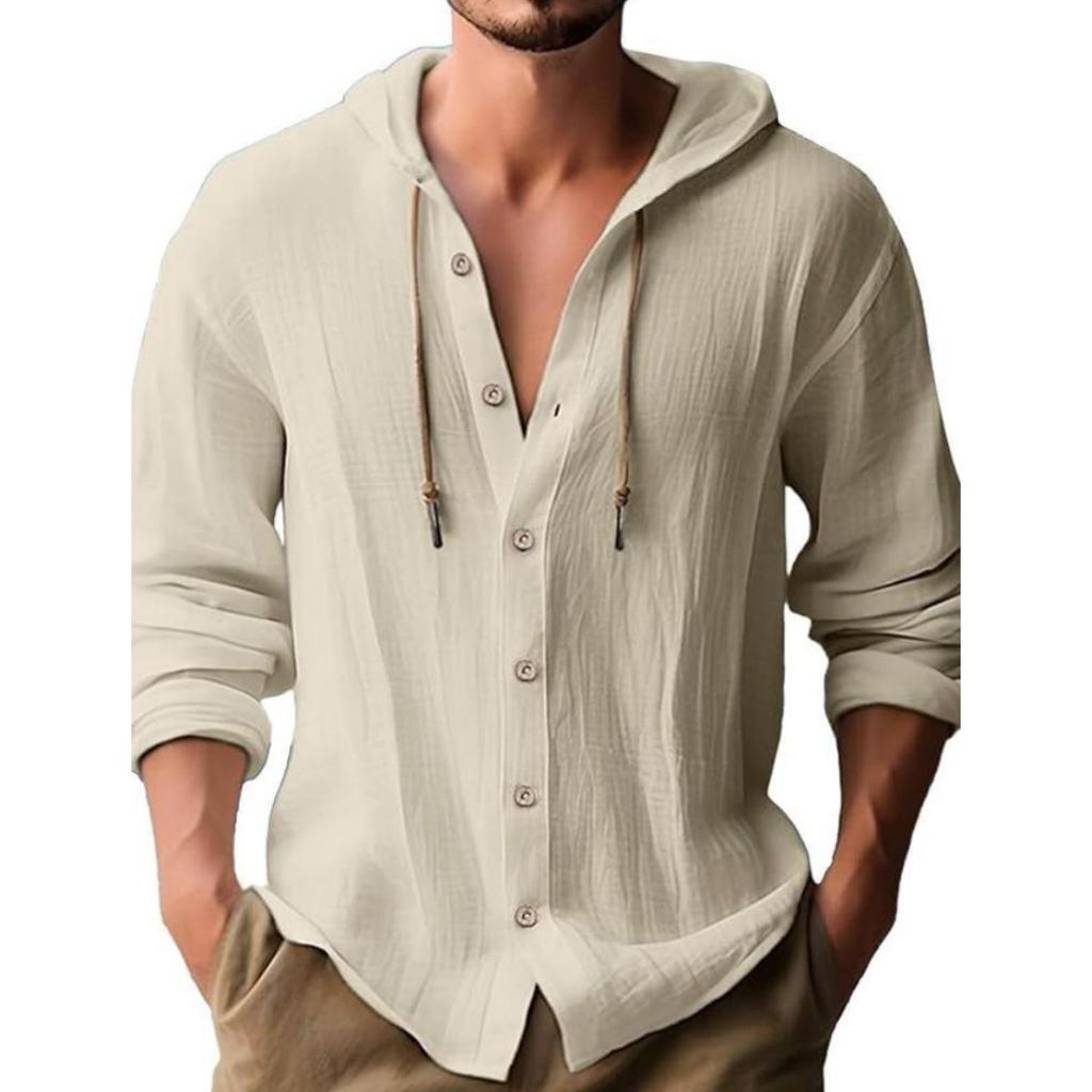 Casual Solid-Color Hooded Long-Sleeved Button-Up T-Shirt In Cotton and Linen Blouses