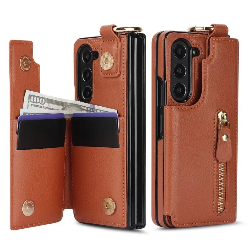 PU Leather Ring Zipper Wallet with Card Holder Phone Case for Samsung Galaxy Z Fold 6 5 4 3 Fold6 Fold5 Fold4 5G Kickstand Cover
