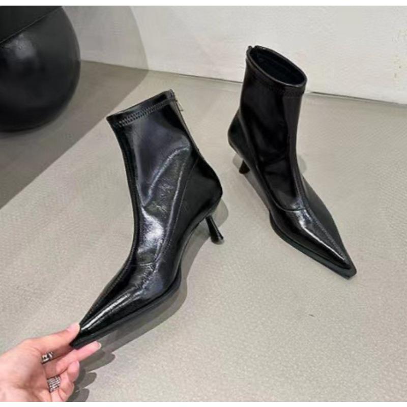 Fashion Women's Sexy Pointed Toe Ankle Boots Vintage Autumn New Fashion High Heels Patent Leather Skinny Boots Women Brown Short Booties