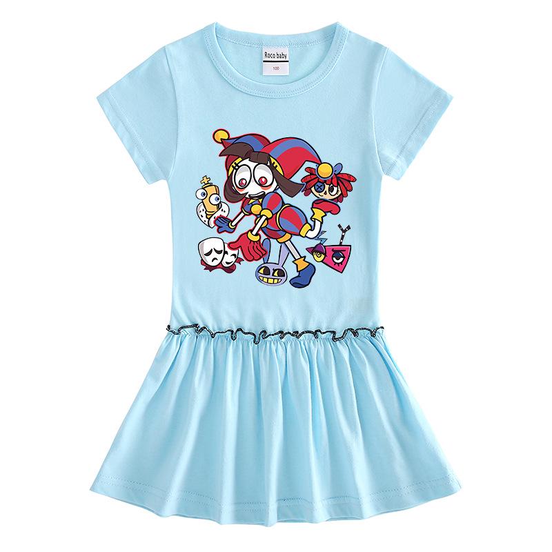 2026 Summer Korean Style Short Sleeve Cartoon Girls' Dress with Pleated Skirt