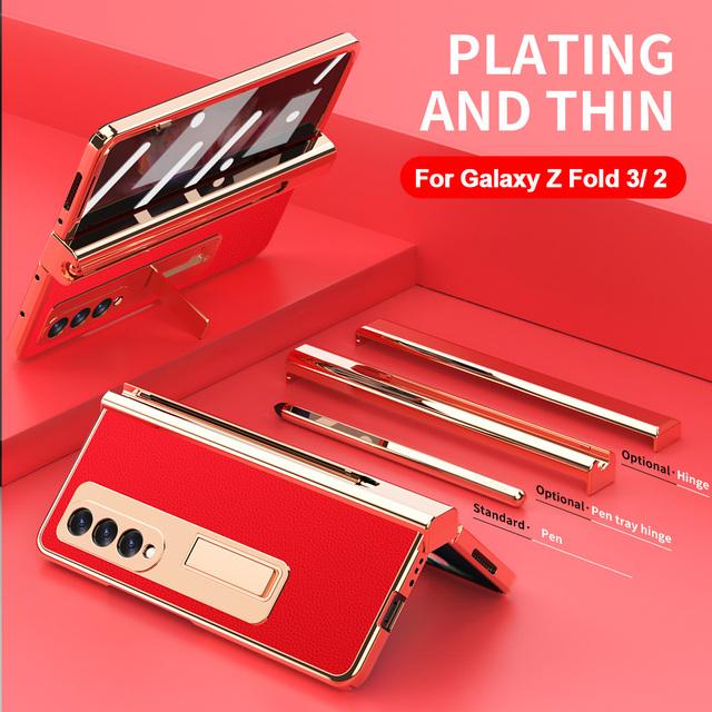 2 Stück Scharnier mit Stift für Samsung Galaxy Z Fold 3 2 5g Hülle mit Touch Pen Slot Frontglas Ständer Halter Lederhülle
