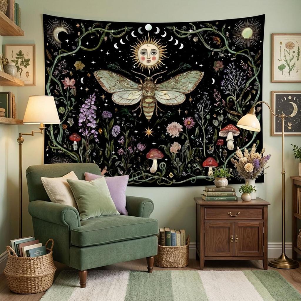 Mystic Celestial Moth Tapestry, Sun Moon Phase Floral Mushroom Print Large Wall Hanging for Bedroom Living Room Aesthetic Decor
