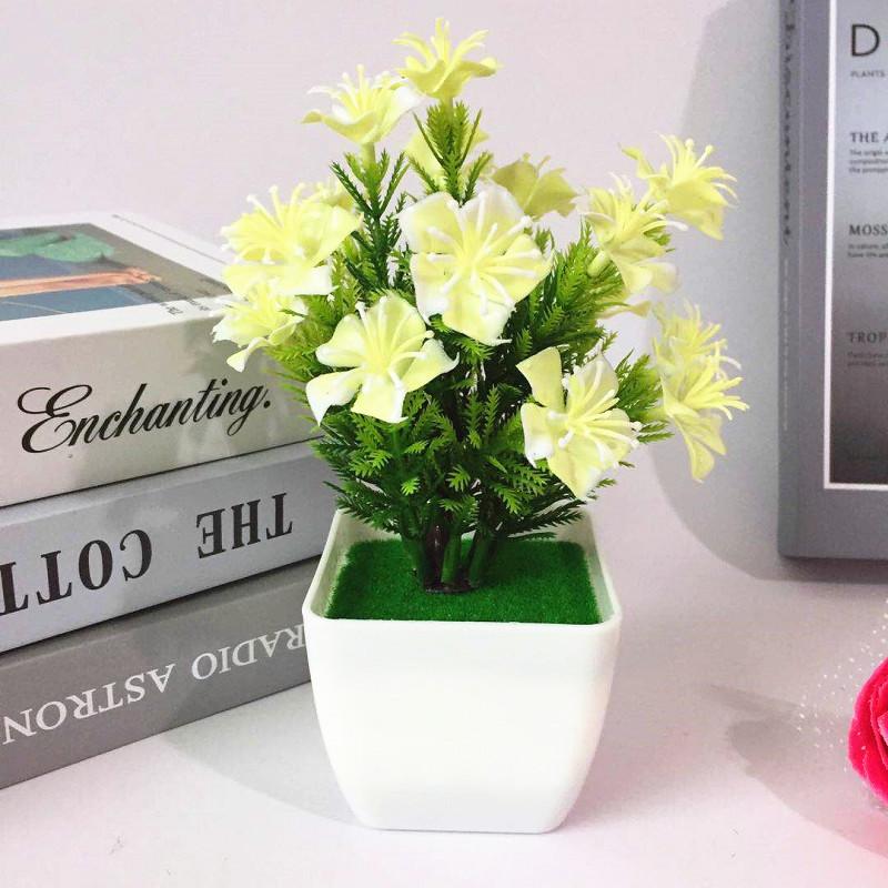 Plastic Lily Cherry Blossom Rose Flowers Potted Plant For Decor Home