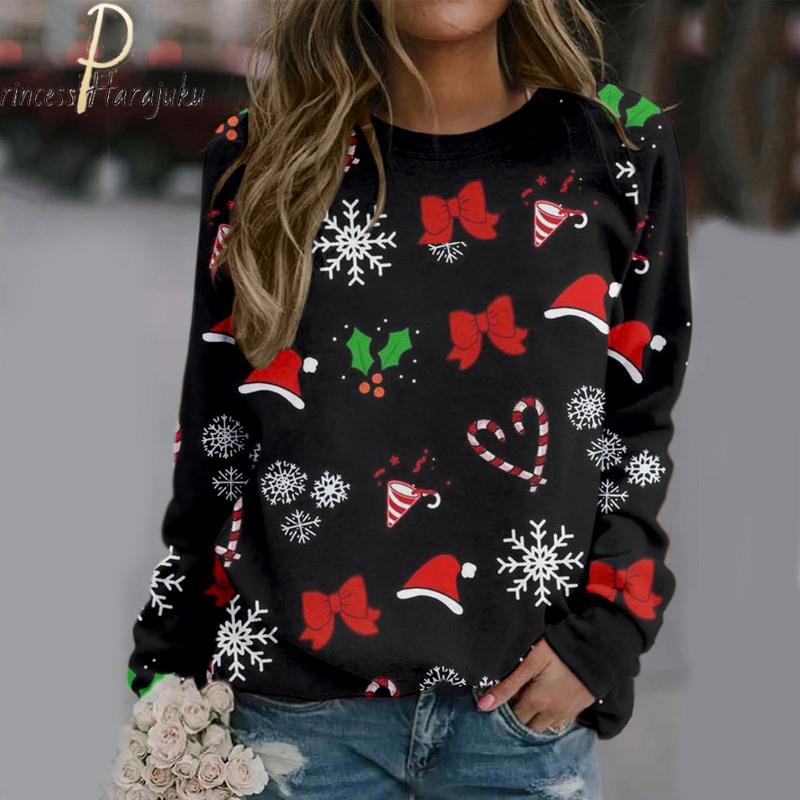 Weihnachtsdruck, langärmelig, lässig, Sweatshirt, Bluse, Pullover, Weihnachten, Strickpullover, Pullover, Top, Pullover, Damen-Sweatshirt