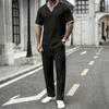 Men's Summer V-neck Waffle T-shirt & Long Pants Streetwear Sports Set