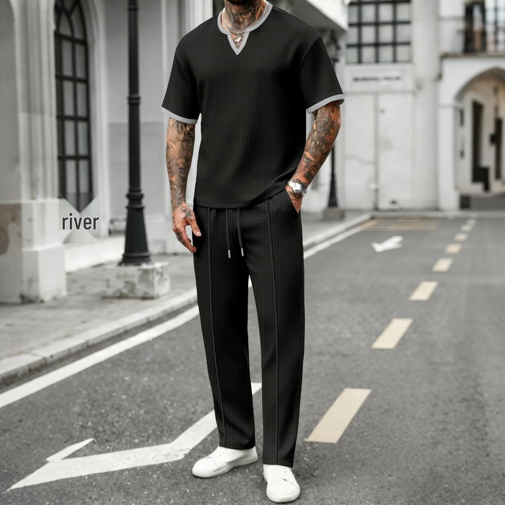 Men's Summer V-neck Waffle T-shirt & Long Pants Streetwear Sports Set