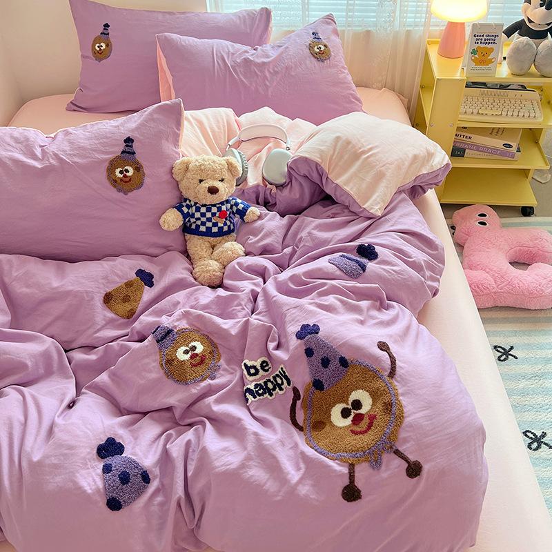 Håndkle Brodert Laken Dynetrekk Seng 4 stk Sett Vasket Bomull Student Tredelt Sett Sengetøy