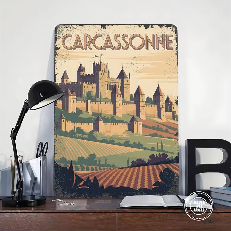 Carcassonne Castle Travel Printed Poster Customized Wall Art Retro Vintage Metal Tin Signs for Gamer Decoration Room House Decor