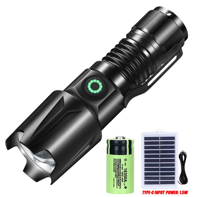 Powerful P50 LED Telescopic Zoom Flashlight USB Rechargeable Lantern Solar Charging Hat Clip Camping Hiking Emergency Torch