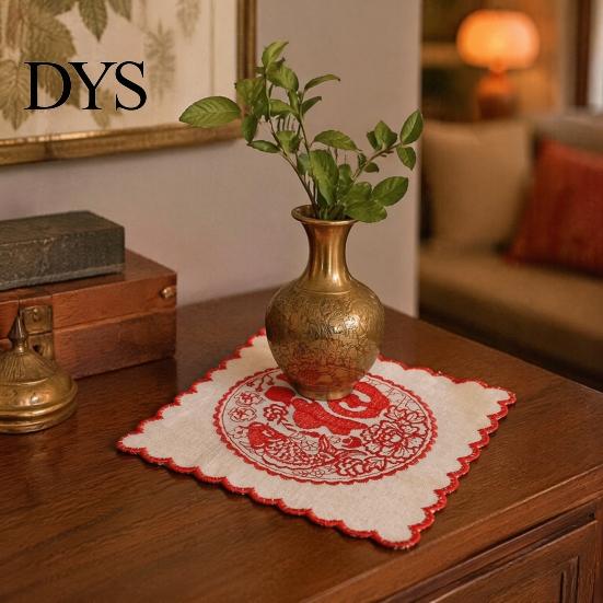 Insulated Hot Pot Pad 5Pcs Red Blessing Embroidered Doilies, Chinese Character Fabric Coaster, Square Decorative Tabletop Protection Mat Place