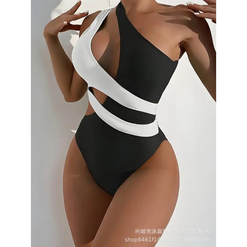 Sexy One-piece Swimsuit Onservative Color Matching Contrasting Color Single Shoulder Sloping Shoulder