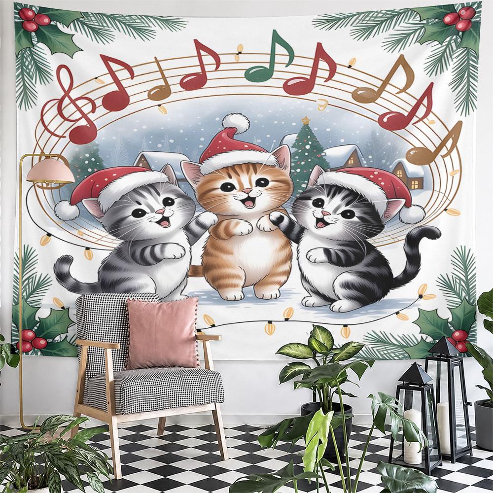 Christmas Singing Cats in Santa Hats Pattern Wall Hanging Tapestry Decorative Tapestry Home Decor for Bedroom and Living Room