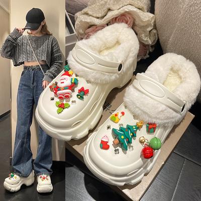 Chaussures à trous pour femmes Vêtements d'extérieur doublés polaire Automne et hiver Nouveaux Plateforme amovible Augmentée par une couverture de tête mignonne Pantoufles en coton thermique