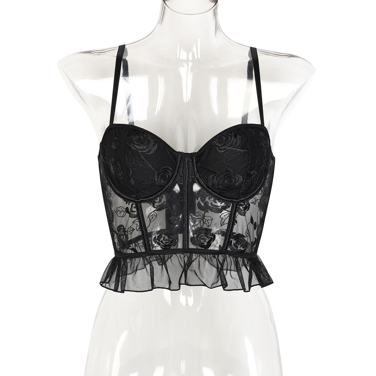 

Сексуальный топ на бретельках, кружевной атласный топ с рюшами на тонких бретельках, вечерние укороченные топы с глубоким V-образным вырезом на молнии спереди, корсет, модные бюстье для вечеринок, клубов M чёрный