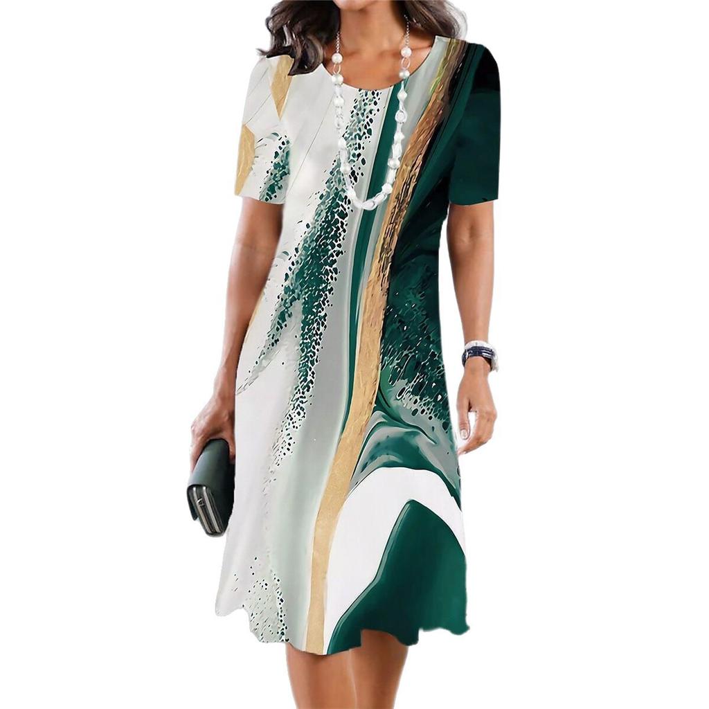 Elegant Fashion Short Sleeve T-shirt Dress Beach Vacation Midi Dresses Women 3d Print Clothing