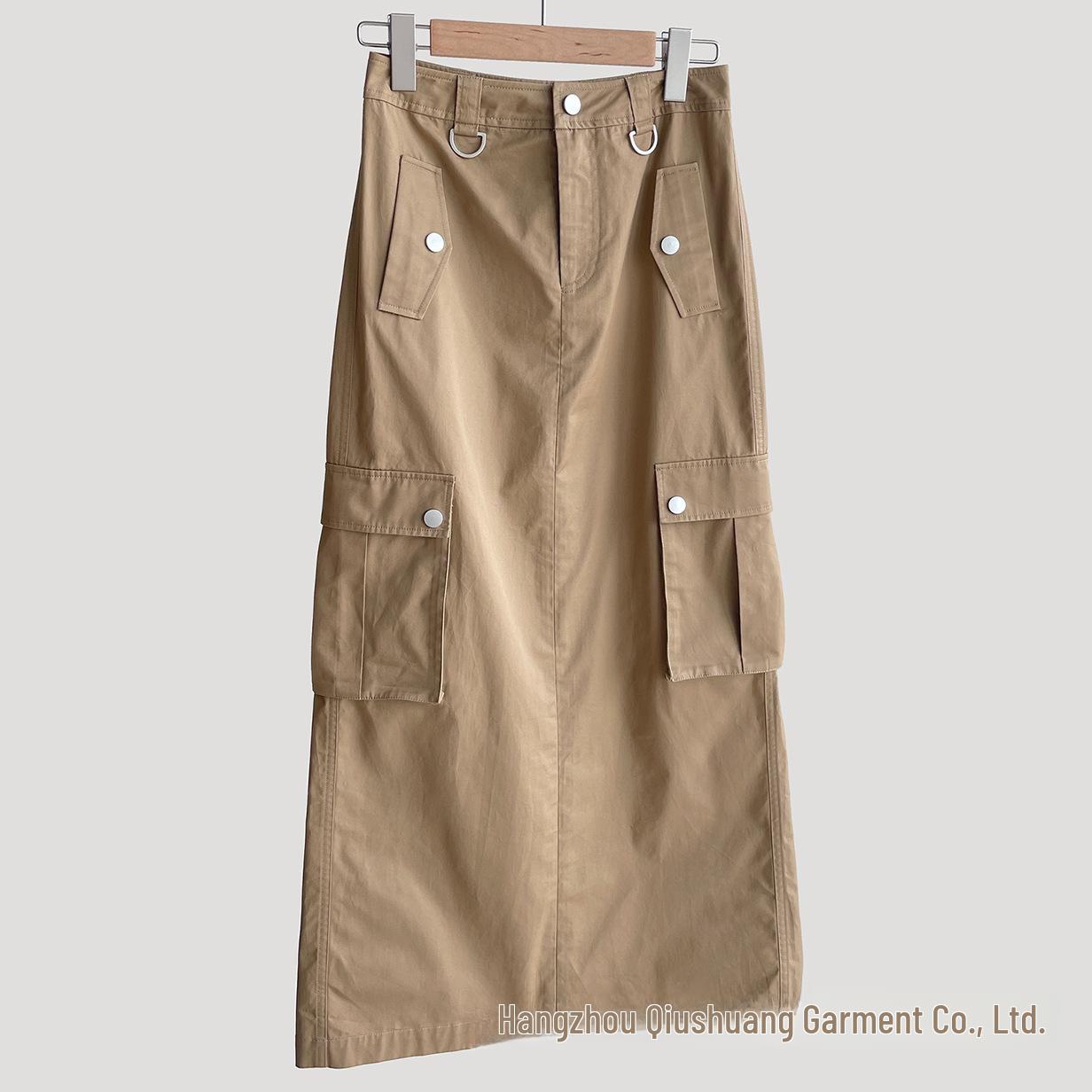 

Элегантный высококачественный женский костюм-трапеция цвета хаки из хлопка с юбкой и карманами - летний стиль рабочей одежды Small хаки