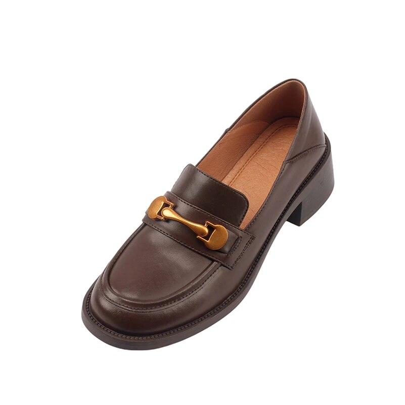 

Жіночі лофери з натуральної шкіри Meotina Туфлі-човники з круглим носком, товстими середніми підборами, металеві прикраси, жіноче модне взуття, весна, осінь, коричневий 40 39 коричневий