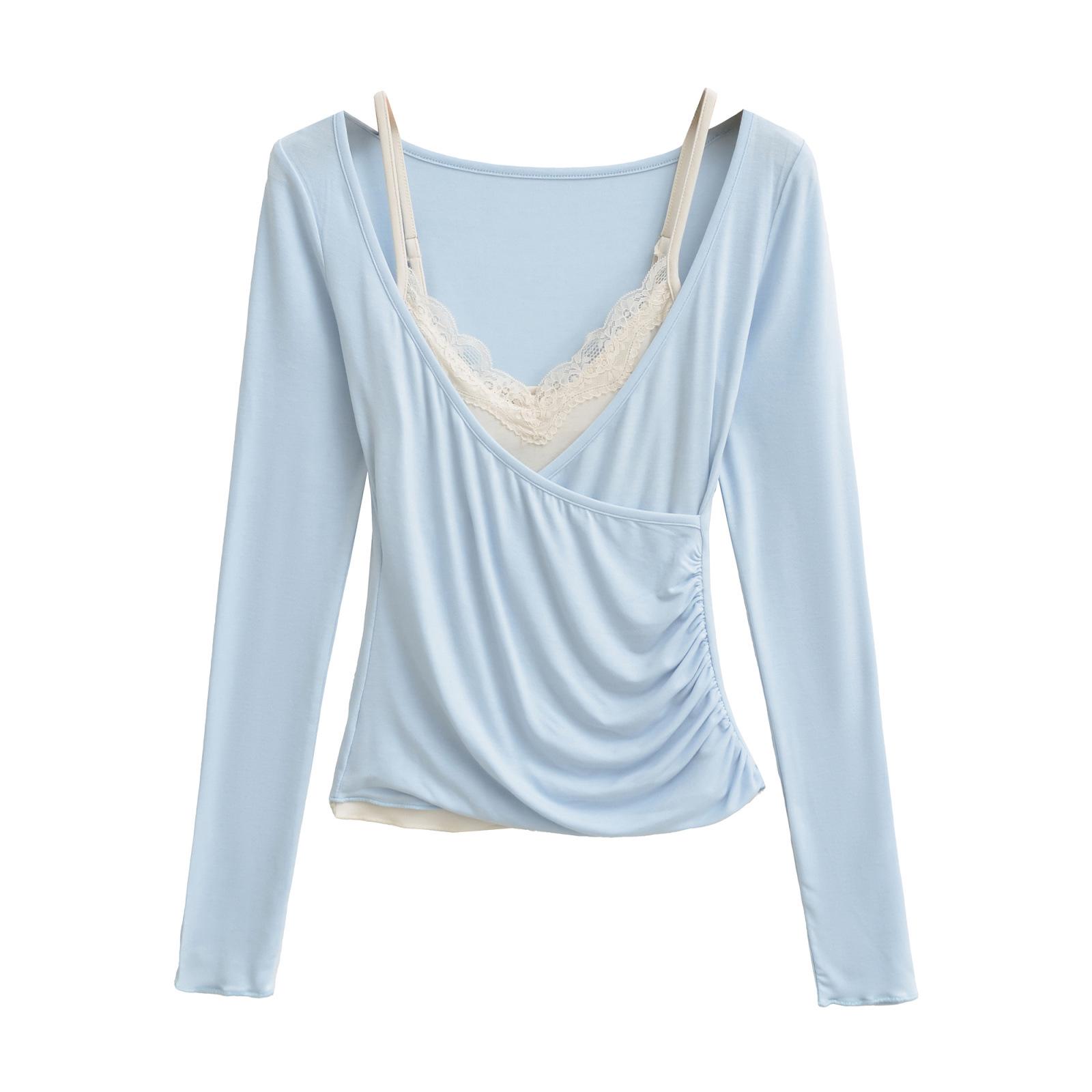 

V-neck Ruffle Long-sleeve T-shirt & Sexy Camisole Set - Women s Autumn/Winter Layering Top Large
