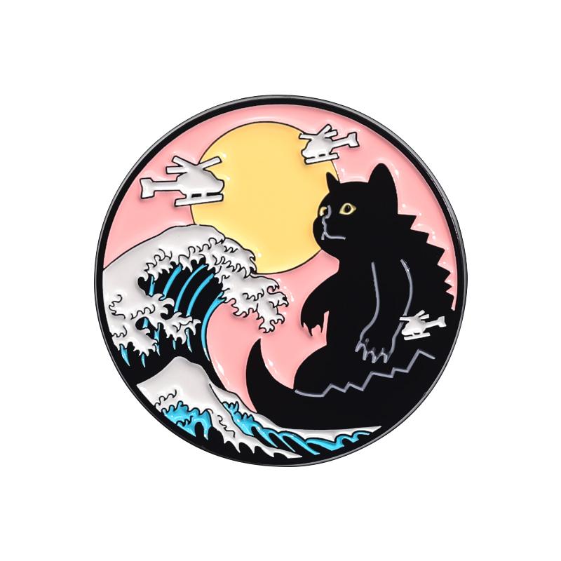 Ukiyo-e Style Wave Enamel Pins Ocean Sunrise Sunset Shark Mount Fuji Brooches Lapel Backpack Badge Jewelry Gift for Friends