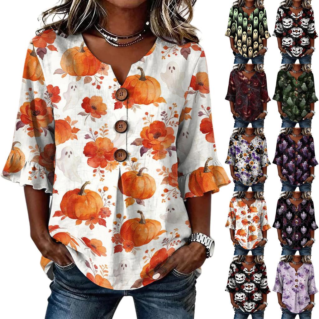 Women's Casual Button Front V-Neck Halloween Print Loose Fit Ruffled Sleeve Blouse