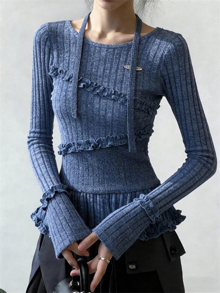 

Korean Style Blue Slim Fit Round Neck Top with Wood Ear Lace Ribbon - Spring 2026 Women s Niche Fashion. XL синий