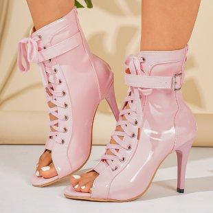 

Fish Mouth Stiletto Sandals New Round Toe Open Toe Lace-Up Belt Buckle Zipper Non-Slip Heel Booties 35 розовый