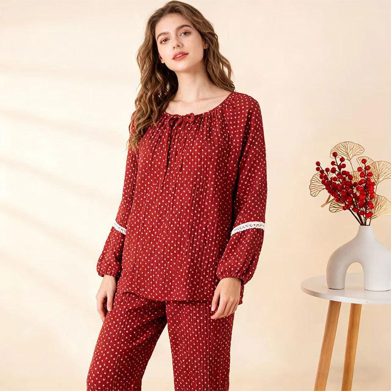 Pure cotton pajamas women's autumn new red polka dot natal wedding Japanese cotton loungewear set