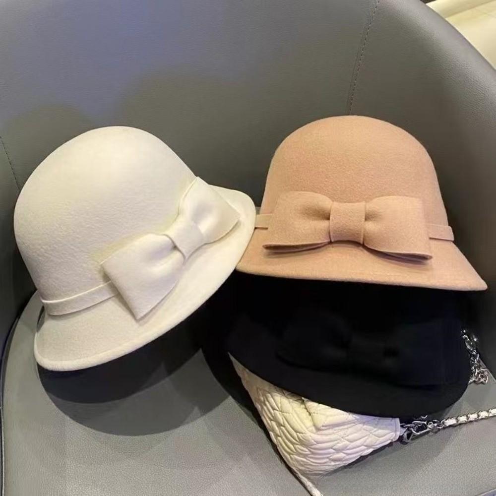 French Style Women Fisherman Hat Keep Warm Woolen Bucket Hat Fashion Bow Topper Hat  Girl