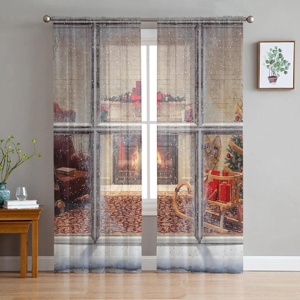 Wundervoller Weihnachtslandschafts-Tüll-Fenstervorhang für Wohnzimmer, Schlafzimmer, Voile, transparente Vorhänge, Küchenbehandlungen, Vorhänge