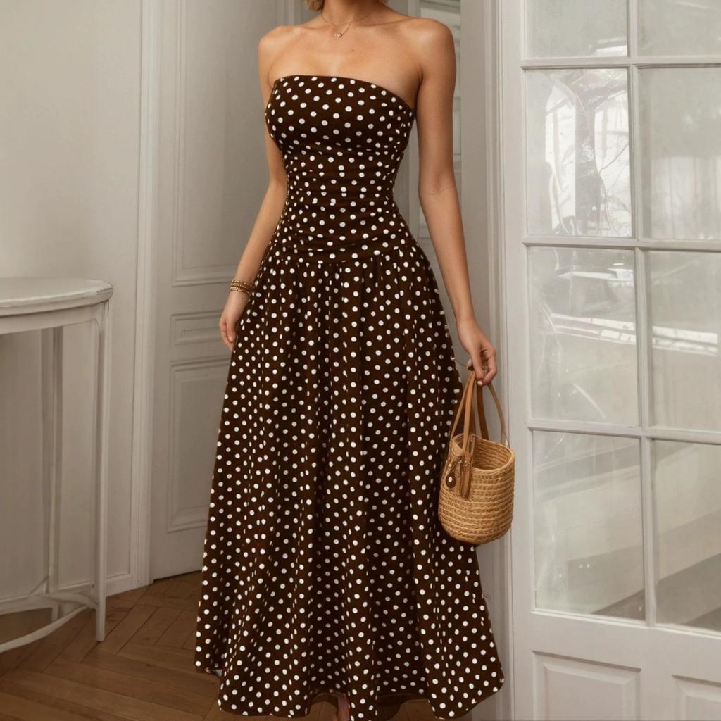 Women Retro Polka Dot Strapless Slim Fit A Line Long Dress