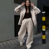 Womens Casual Two-Piece Set Long Sleeve Zip-Up Cardigan Elastic Waist Wide Leg Pants Soft Stretch Fabric Streetwear Outfit