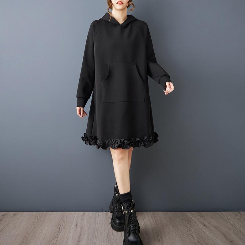 Long sleeve plus size Black cotton vintage hooded new in dresses for women casual loose midi spring autumn sweatershirt dress