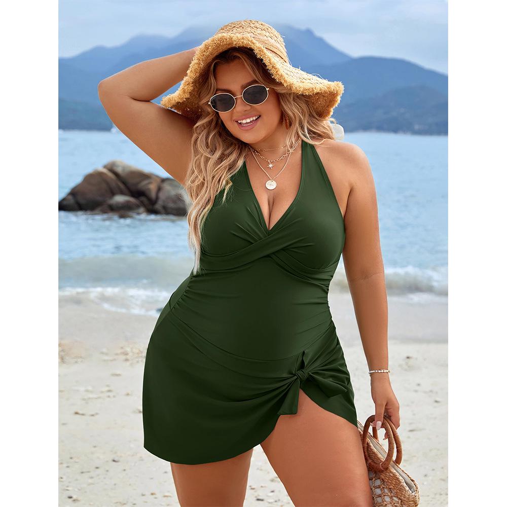 2024 Plus Size European & American Solid Color Tankini Skirt Swimsuit with Drawstring - Conservative Style