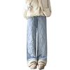 Women Cotton Pants Elastic High Waist Solid Color Wide Leg Causal Trousers with Pockets Thickened Plush Lining Winter Pants