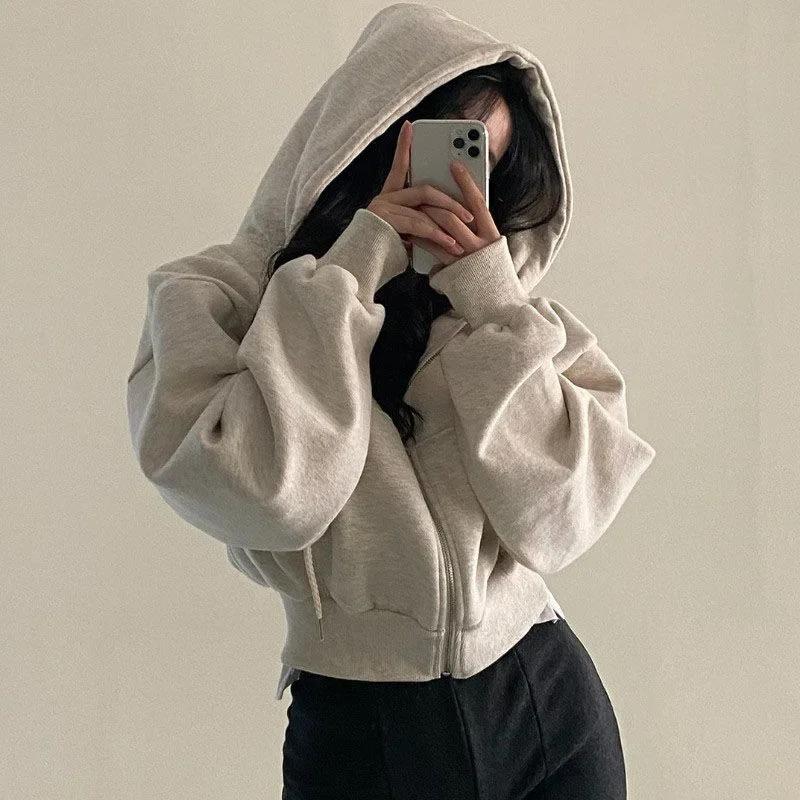Spring New Solid Color 350g Heavy Short Cardigan Sport Zipper Cardigan Womens Smooth Hoodie Solid Color Fashionable Short Hoodie