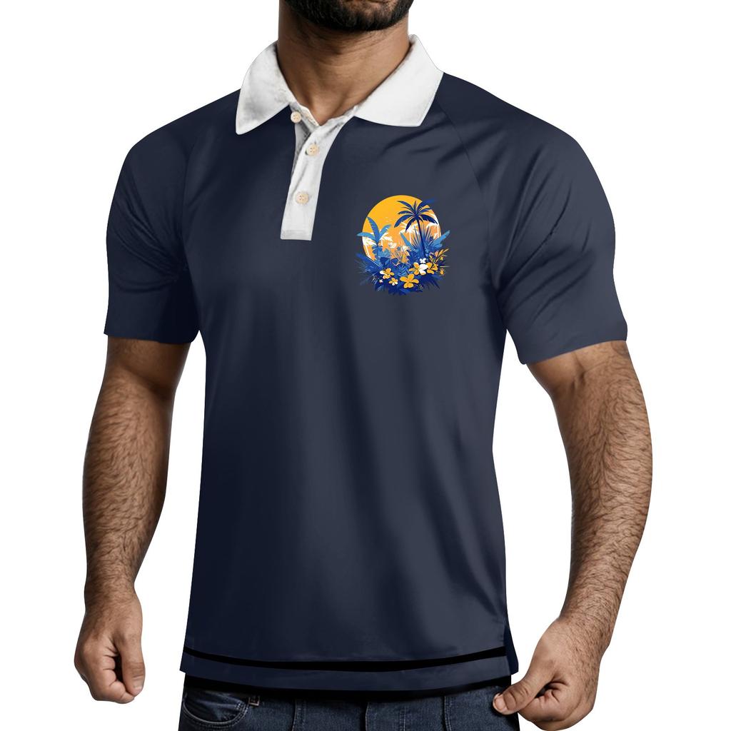 Men's Three Button Printed Lapel Short Sleeve Shirt Top