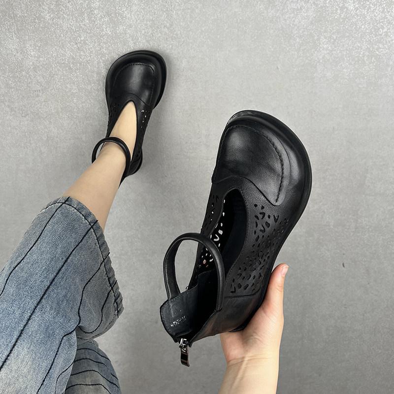 Spring Summer Big Round Head Foot Ring Cave Sandals Flat Bottom Back Zipper Flat Bottom Patch Cool Boots Women