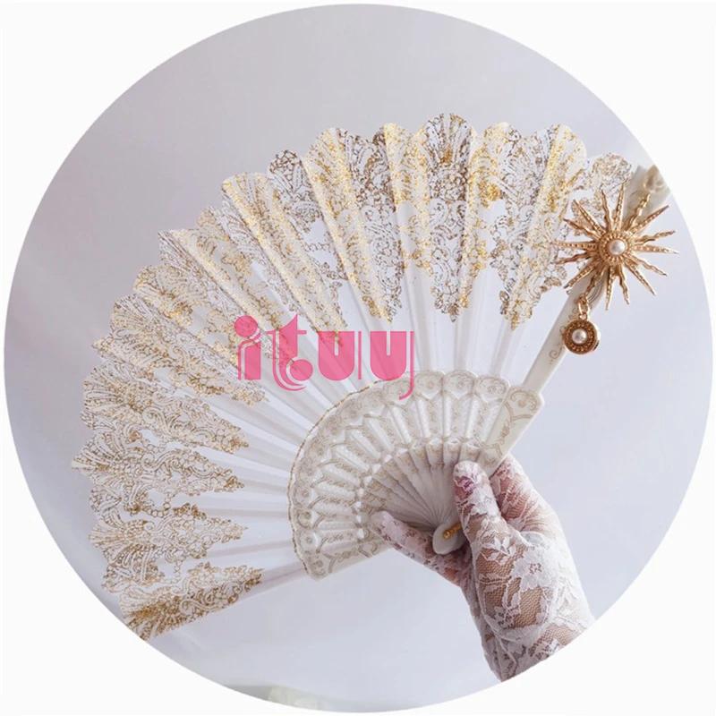 Handmade Lolita Vintage Gothic Black White Lace Hand Fan Golden Sun Flower Cross Folding Hand Fan for Photo Props Show Dancing
