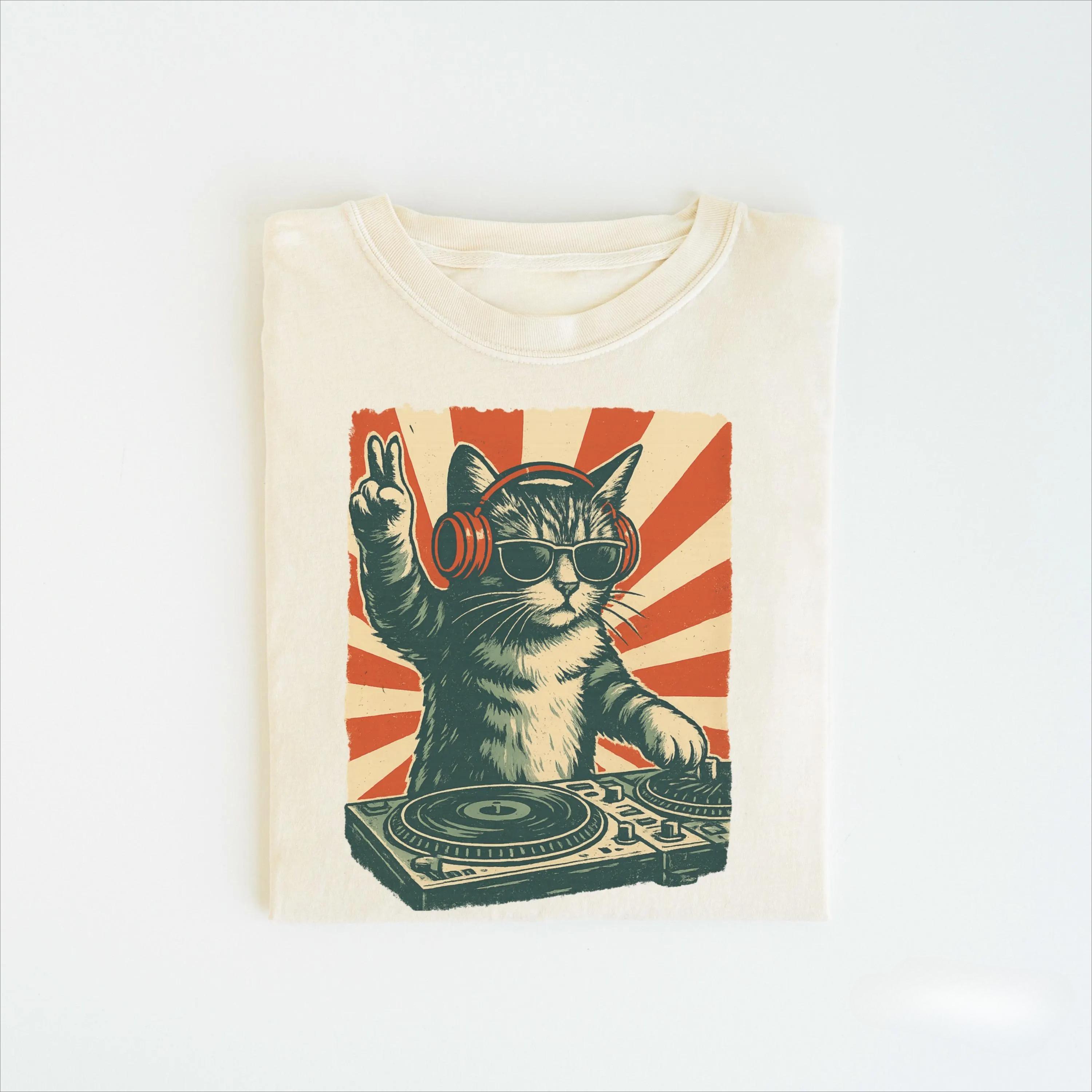 Colores geniales y cómodos para DJ Cat ® Camisa gato divertido con auriculares regalo elegante para aUnisextes de los gatos S
