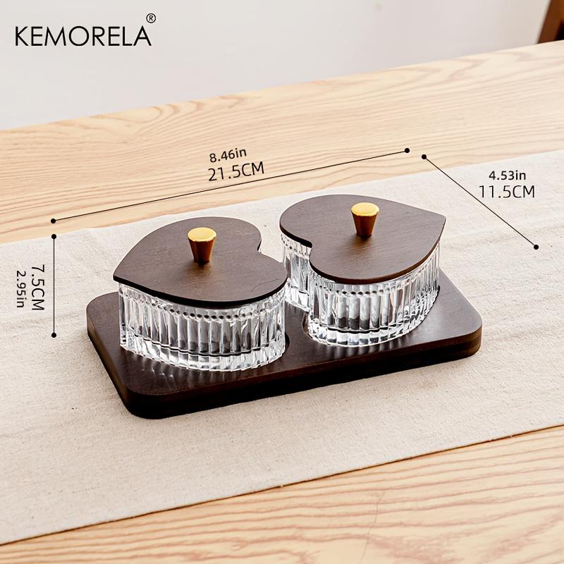 KEMORELA Glass Heart-Shaped Bowl Fruit Plate -Glass And Wood Fruit Snack Dessert Cake Plate Suitable for Family Parties Decorate